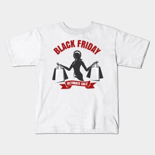 Black Friday Sale Emblem with shopping woman Kids T-Shirt